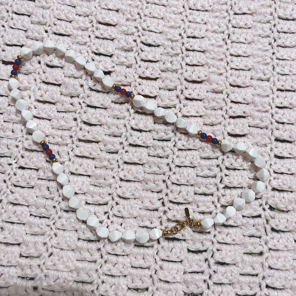 Vintage Monet Signed White Beaded Necklace Choker Red Blue Gold 9083